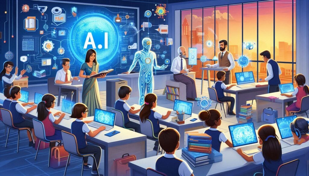 alt_text: Diverse students engage with AI tech in a bright classroom, showcasing innovation in education.