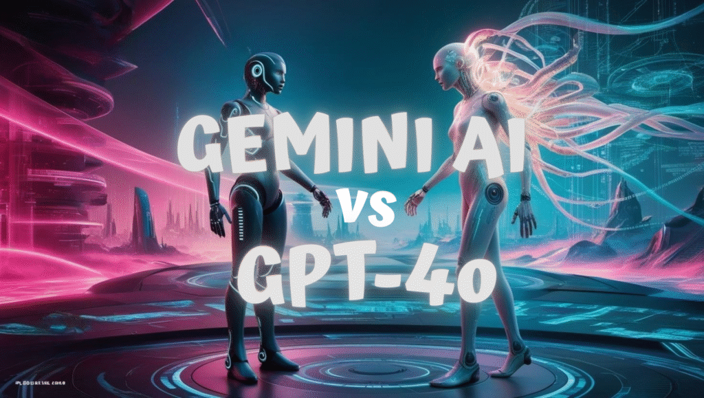 alt_text: A dynamic futuristic scene of AI entities Gemini AI vs GPT-4o in a vibrant digital landscape.