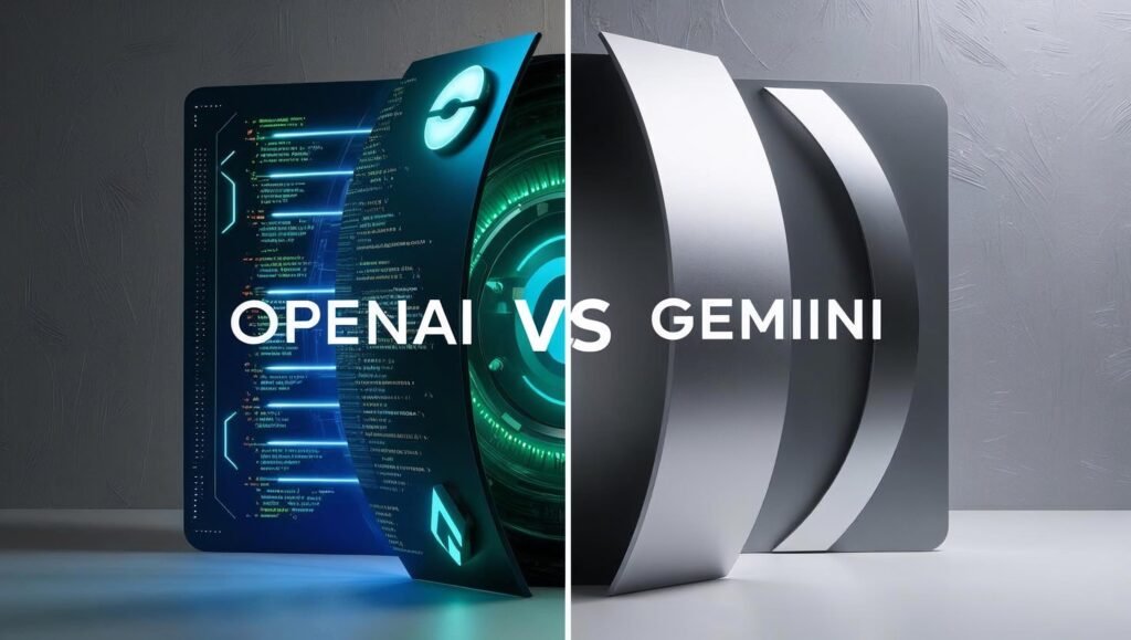 alt_text: A split scene contrasting OpenAI’s innovation with Gemini's efficiency using tech symbols and code.