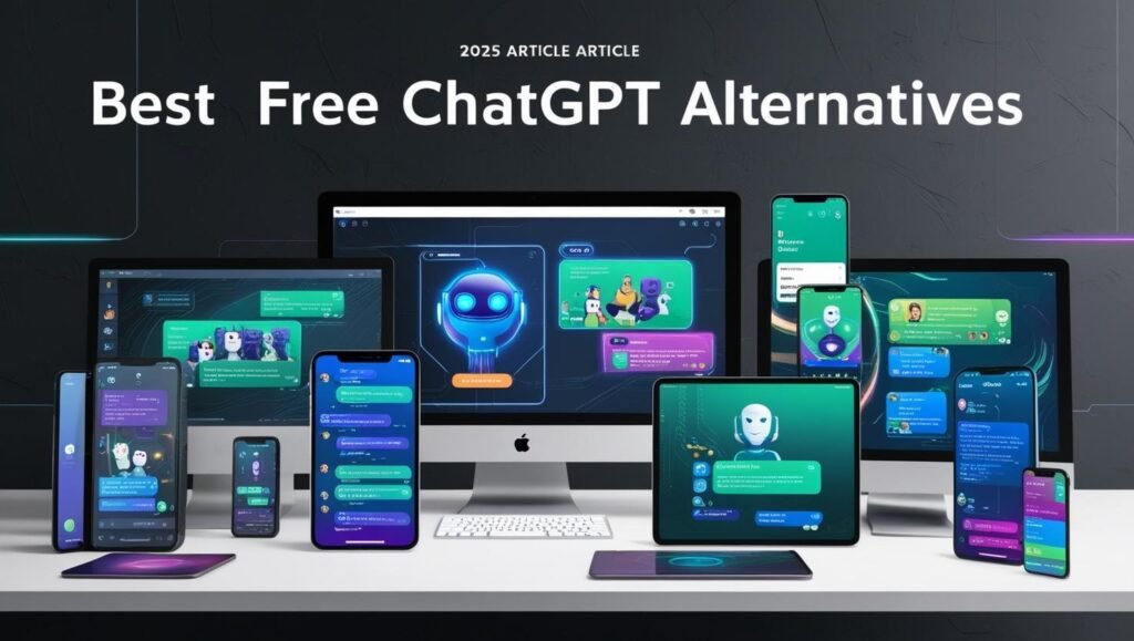 alt_text: ChatGPT Free Alternatives, A vibrant cover showcasing diverse digital interfaces symbolizing chatbots and AI communication.