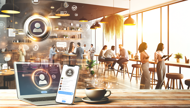 alt_text: A vibrant workspace with a laptop showing ChatGPT, coffee cup, and busy small business interactions.