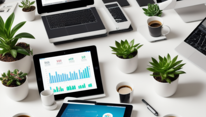 alt_text: A modern workspace with a laptop, smartphone, and tablet amid office items for productivity.