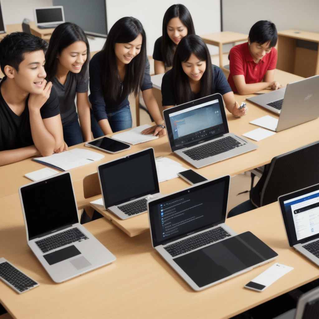 "alt_text": Diverse students collaborate with laptops, exploring ChatGPT plugins in a vibrant, modern study space.