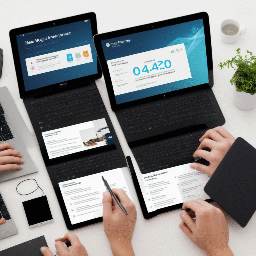 alt_text: A modern workspace with AI tools for solopreneurs, featuring sleek tech in a stylish office setting.