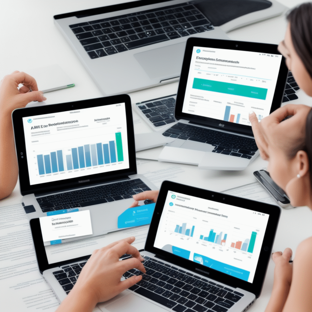 alt_text: A bright workspace showing AI budgeting tools: laptop with graphs, documents, and a smartphone.