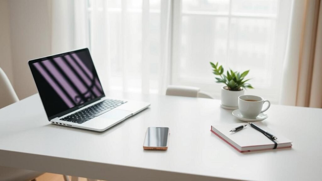 alt_text: A serene workspace highlighting digital minimalism with a laptop, smartphone, and calming decor showing Digital Declutter Tools.