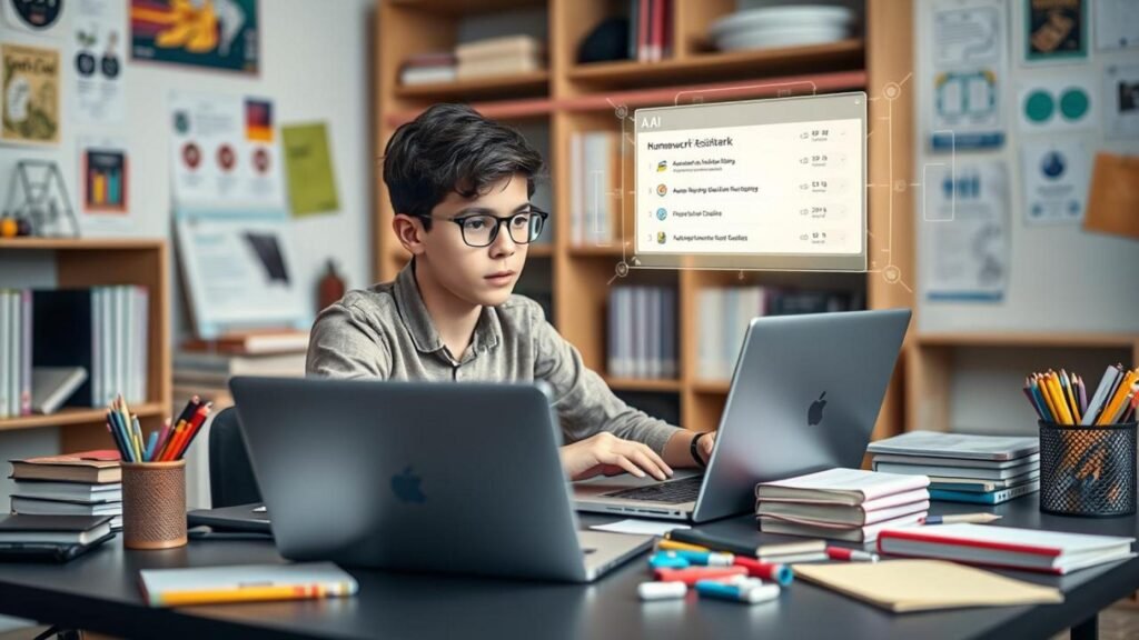 alt_text: A focused teen interacts with a laptop, surrounded by school supplies and a glowing AI interface using AI Homework Helper.