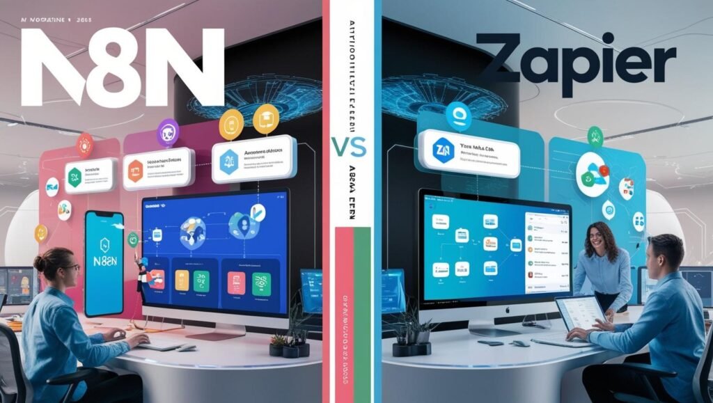alt_text: A split-screen view of n8n vs Zapier showcasing workflows in a vibrant, modern workspace.