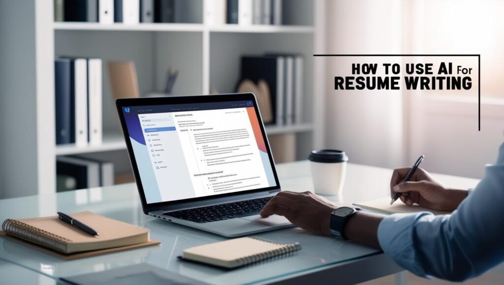 alt_text: A bright desk scene with a laptop showcasing an AI-enhanced resume among office supplies, exuding professionalism.