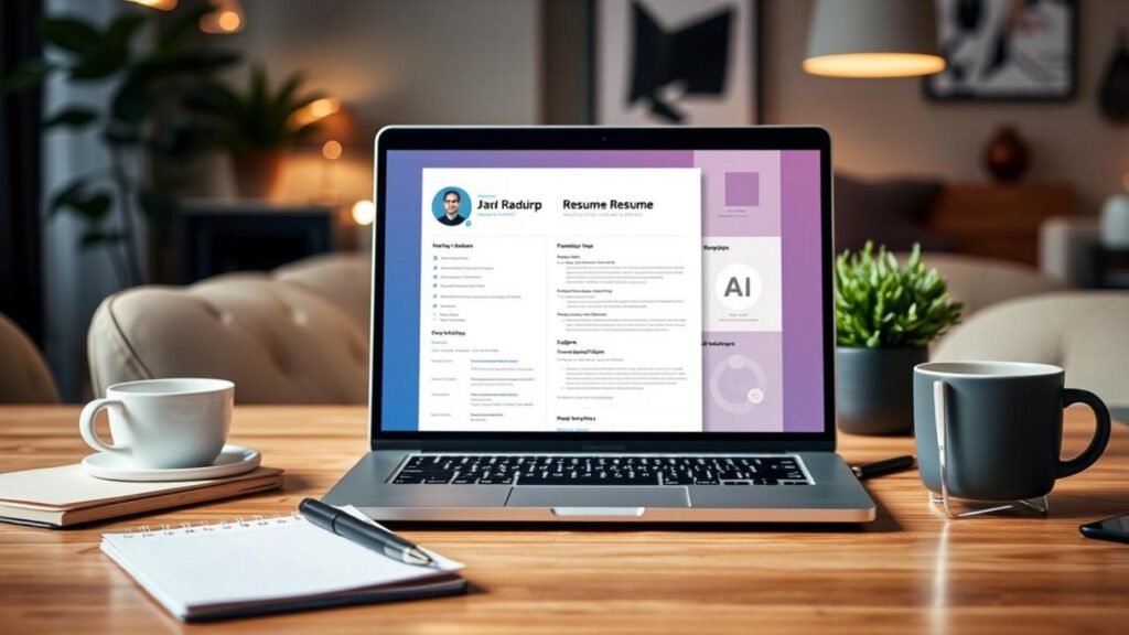 alt_text: A modern workspace with a laptop, AI Resume Builder template, notebook, pen, and coffee in inviting decor.