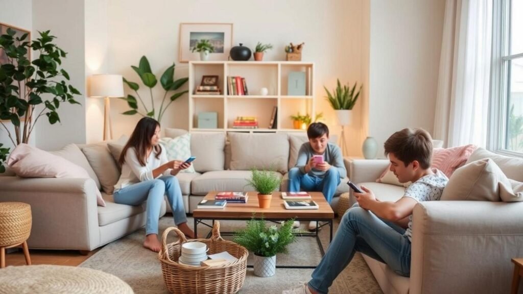 alt_text: Digital Detox with Cozy living room with plants, games, and friends chatting, promoting a phone-free, serene atmosphere.
