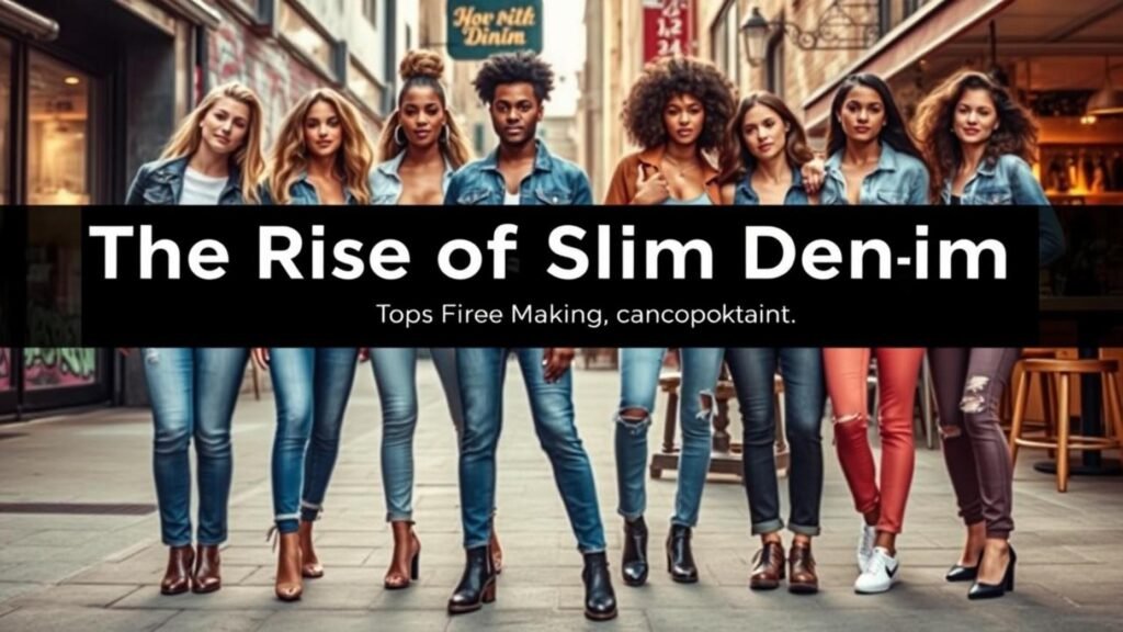 alt_text: Diverse models showcase Slim Denim Trends in an urban setting, exuding confidence amidst stylish backgrounds.
