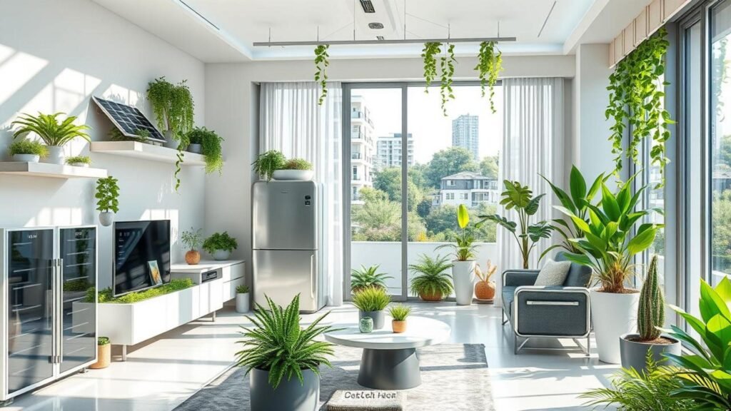 alt_text: Green Technology Innovations showing Futuristic home showcasing eco-friendly gadgets, solar panels, and smart gardens in harmony with nature.