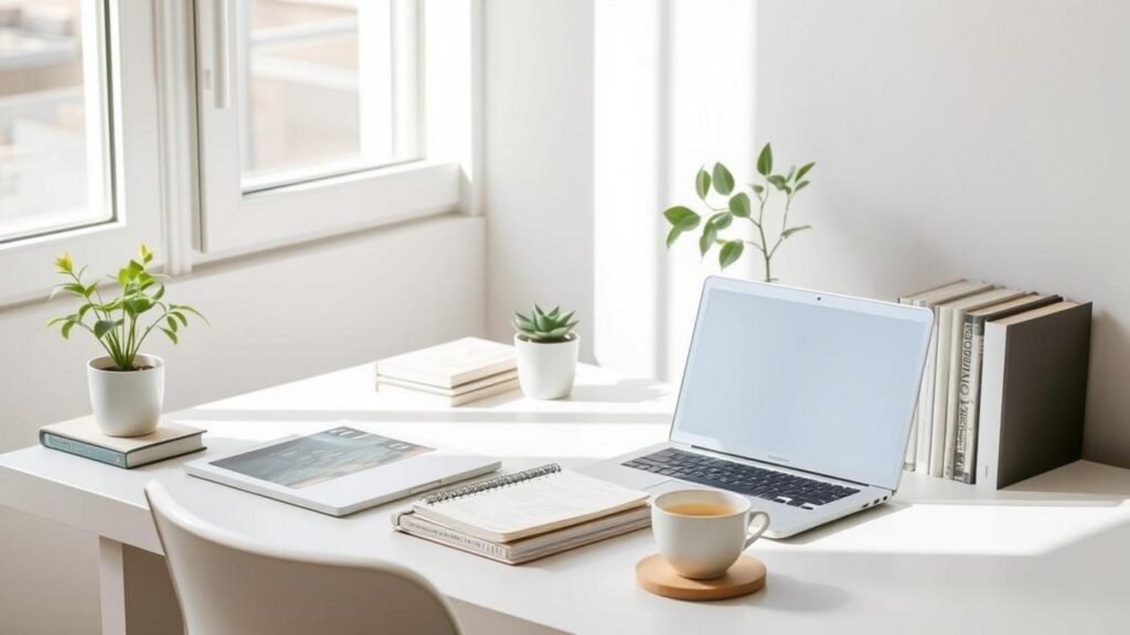 alt_text: A serene minimalist workspace with a laptop, books, a plant, and soft natural light for focus Digital Minimalism