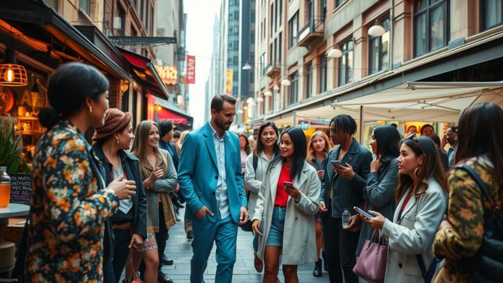 alt_text: Vibrant scene of diverse individuals in stylish fashion, blending culture, art, and technology showing Vibe Economy.