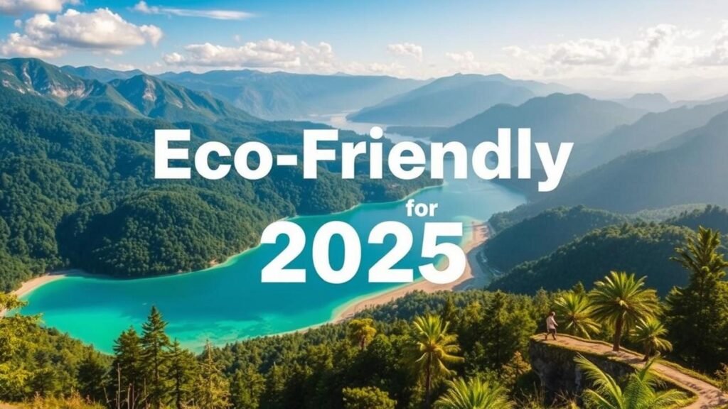alt_text: Vibrant cover showcasing 2025's Sustainable Travel, eco-friendly travel spots with nature, sustainability, and adventure.