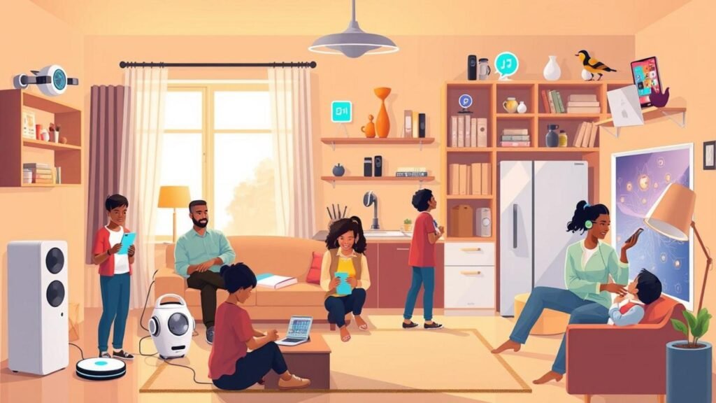 alt_text: A vibrant scene showing, AI in daily life, practical AI uses, everyday automation with diverse people using AI in a smart home, enhancing daily life and convenience.