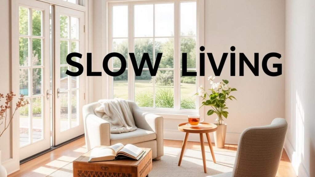 alt_text: A cozy,Slow Living, sunlit room with an armchair, herbal tea, books, and a serene garden view, embodying tranquility.