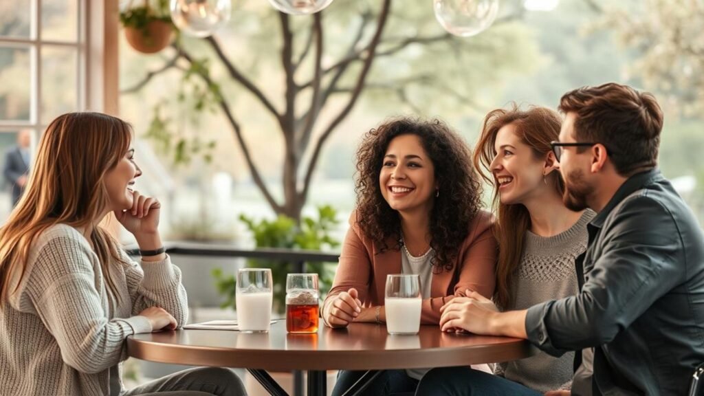 alt_text: Diverse couples engage warmly in a serene setting, embodying joy, connection, and ethical non-monogamy.