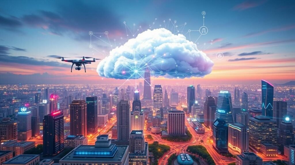 alt_text: "Futuristic cityscape blending cloud computing and on-device processing with vibrant tech connectivity Edge Vs Cloud AI."