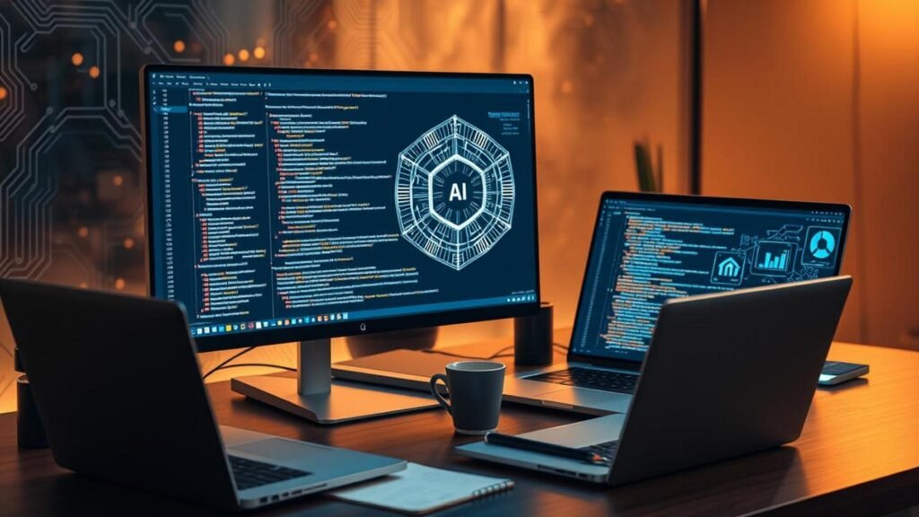 alt_text: A developer's desk with code on a monitor, AI Developer Agents interface, laptop, notepad, and cozy lighting.