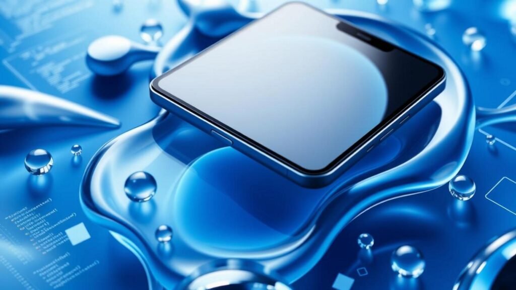 alt_text: Close-up of a sleek device showcasing Apple's Liquid Glass Design in a modern, cool color palette.