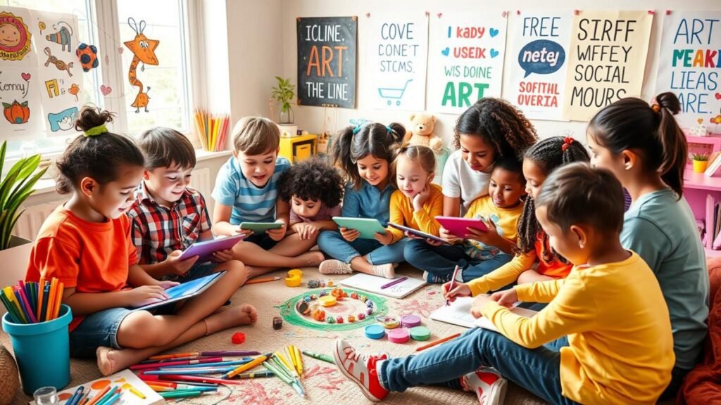alt_text: Social Media For Kids collaborate in a colorful room, using tech and art supplies, promoting creativity and safety .