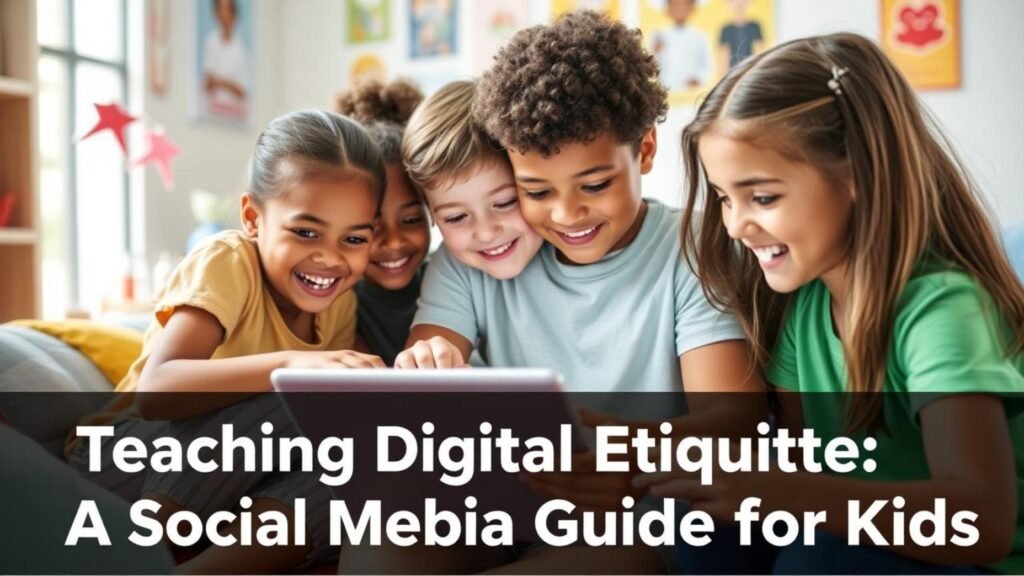 alt_text: A diverse group of excited kids, ages 8-12, engage with a tablet in a colorful, cozy setting Digital Etiquette.