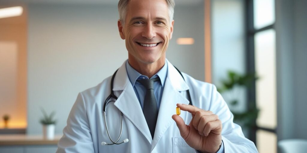 Doctor explaining joint support supplement holding capsule