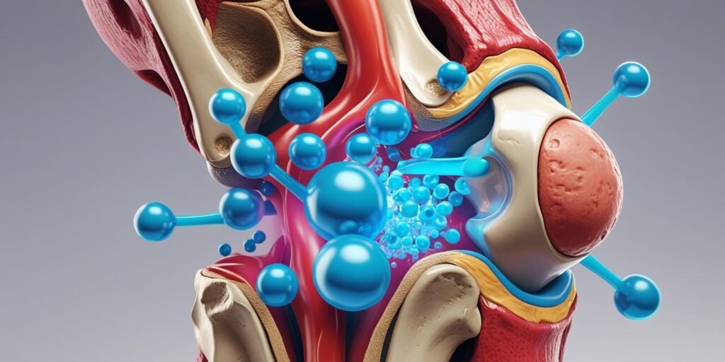 Scientific view of knee joint with hyaluronic acid improving lubrication, joint pain supplement for seniors