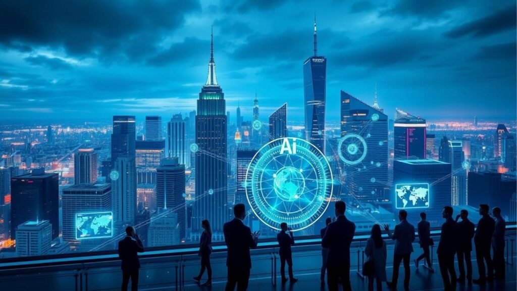 alt_text: Futuristic AI Governance Platforms city skyline in 2025 depicting AI governance, collaboration, and digital innovation.