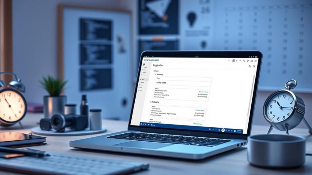 alt_text: Modern workspace featuring a laptop with n8n Cron expression, alongside a calendar and clock.