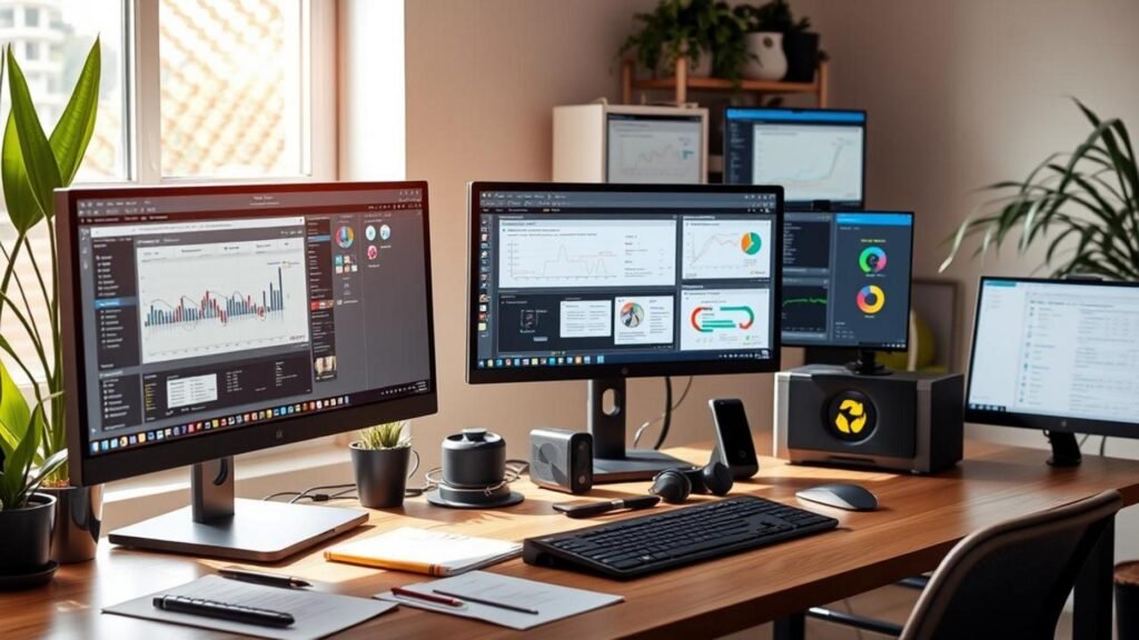 alt_text: Modern workspace with multiple screens showing automation software, organized desk, and natural light.