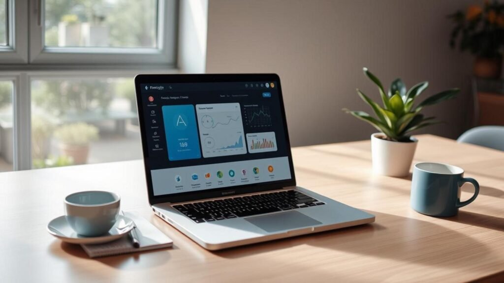 alt_text: A modern workspace with a laptop, notepad, and plant, blending productivity and AI Productivity Tools.