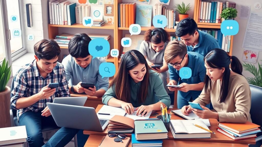 alt_text: Diverse students collaborate with digital devices in a vibrant study space, using ChatGPT plugins.