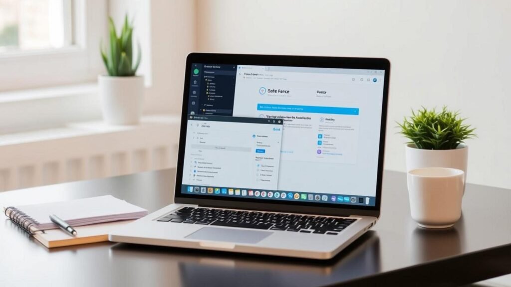 alt_text: A bright workspace with a laptop displaying beginner-friendly automation tools, plants, and coffee.