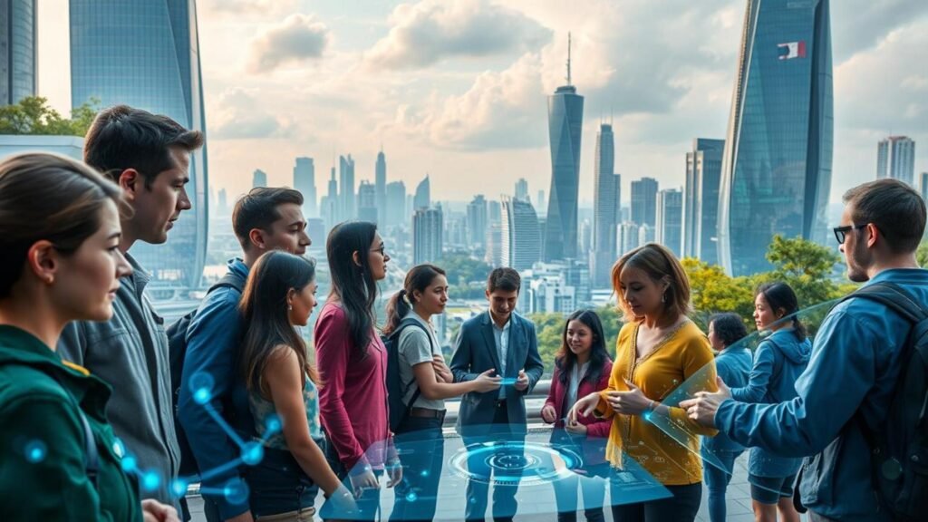 alt_text: Futuristic cityscape showcasing diverse individuals engaging with advanced holographic technology Personal Superintelligence Exploring Meta AI .