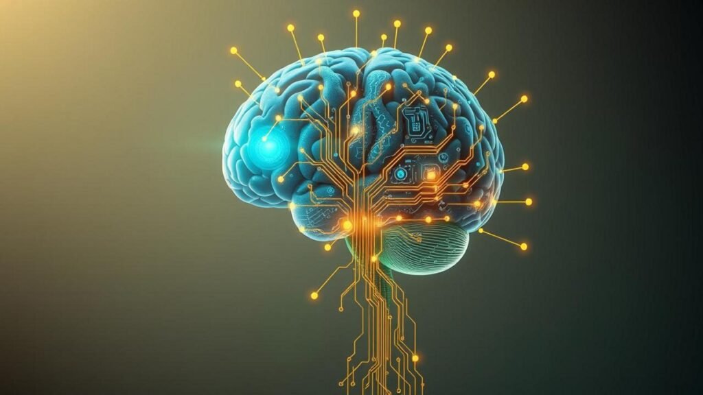 alt_text: A vibrant brain intertwined with circuits, blending Living Intelligence AI and biology in a futuristic design.