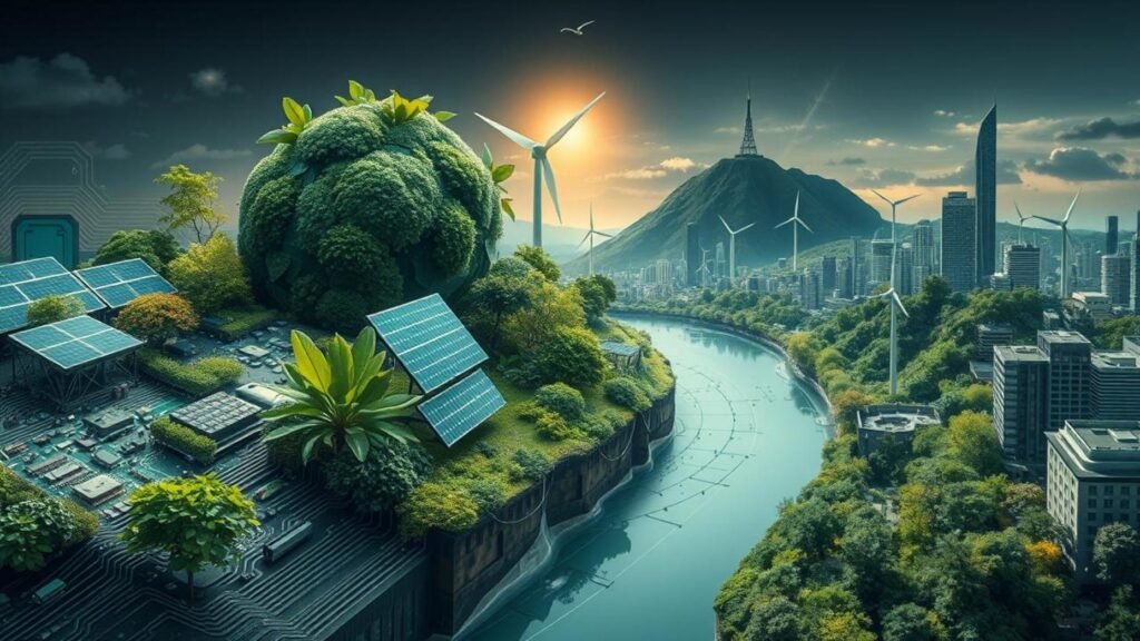 alt_text: A fusion of nature and AI Carbon Footprint technology, illustrating AI's sustainable future with plants, circuits, and green energy.