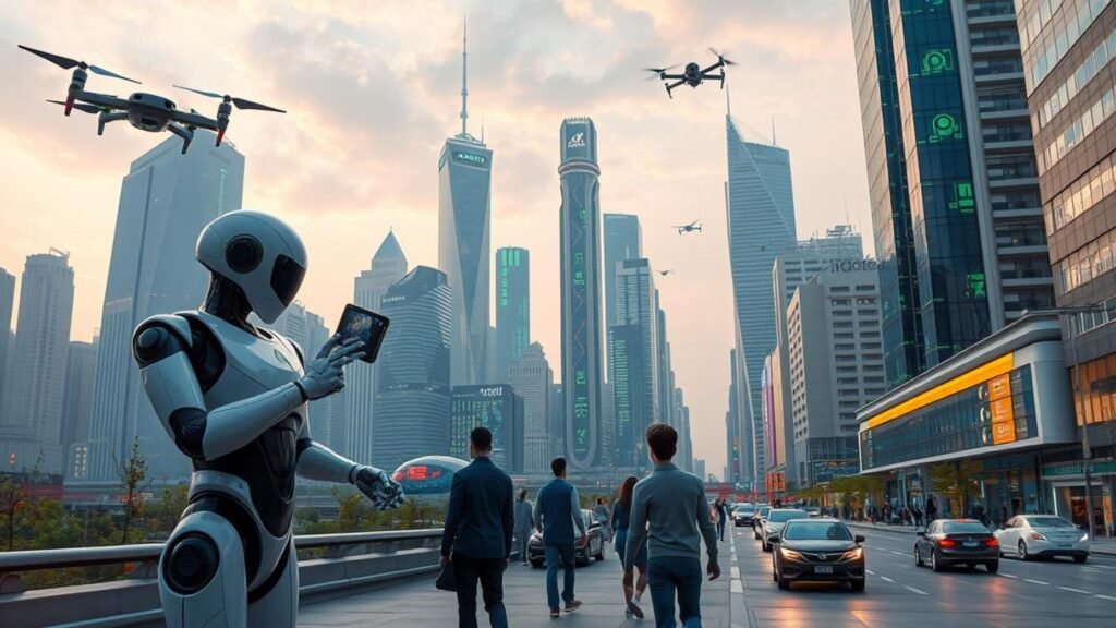 alt_text: Futuristic city with humanoid robots and humans collaborating amidst green tech and vibrant skyscrapers Agentic AI.
