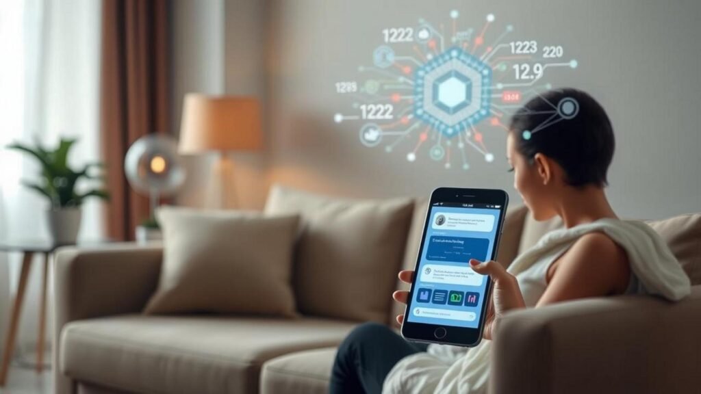 alt_text: A cozy therapy scene merges AI Mental Health Apps with a chatbot on a device and calming colors.