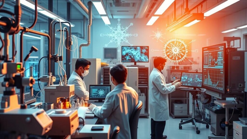 alt_text: A vibrant lab scene showcasing cancer research, blending Quantum Healthcare India with cultural elements.