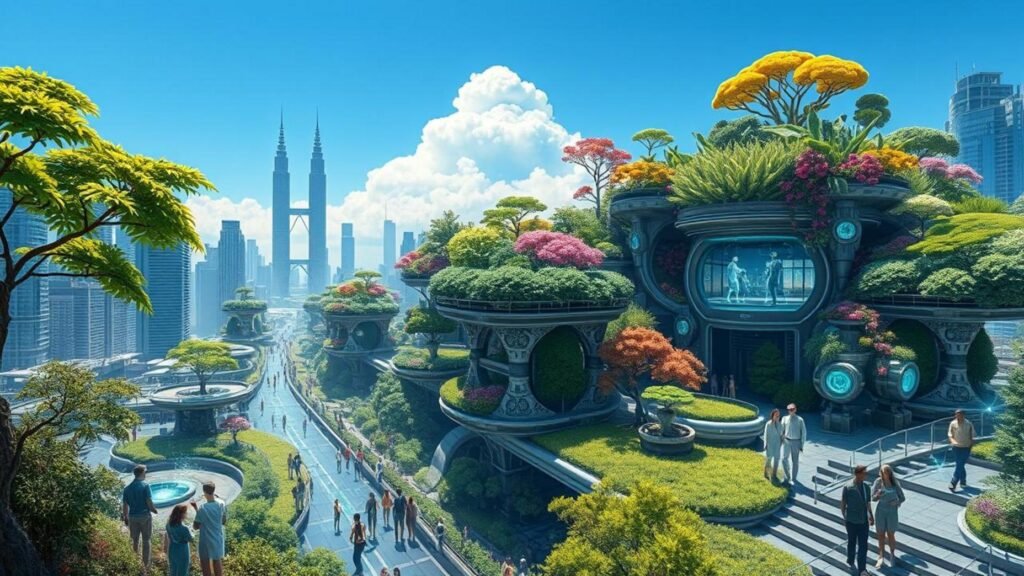 alt_text: Futuristic cityscape blending AI and biology, showcasing Living Intelligence AI harmony between tech, nature, and humanity.