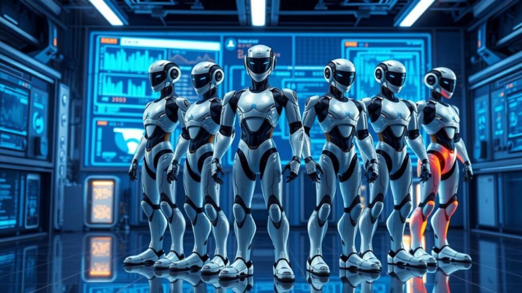 alt_text: Futuristic lab with five humanoid AIs, holograms, AI Models data streams, and a high-tech atmosphere.