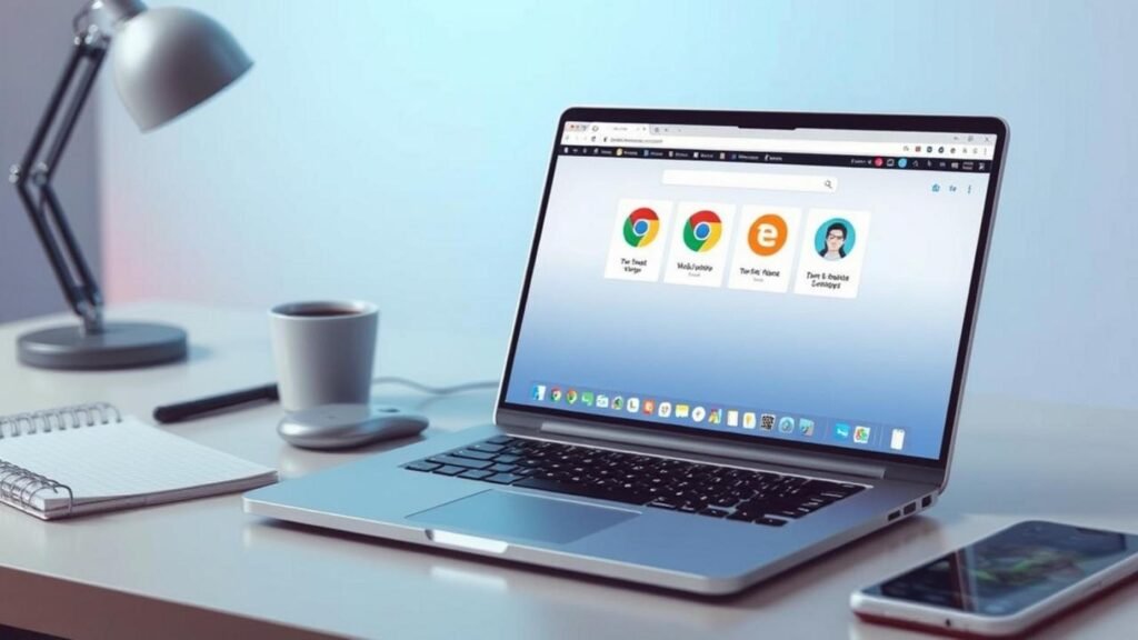 alt_text: A modern workspace with a laptop showing AI Chrome extensions, notepad, coffee, and tech gadgets.