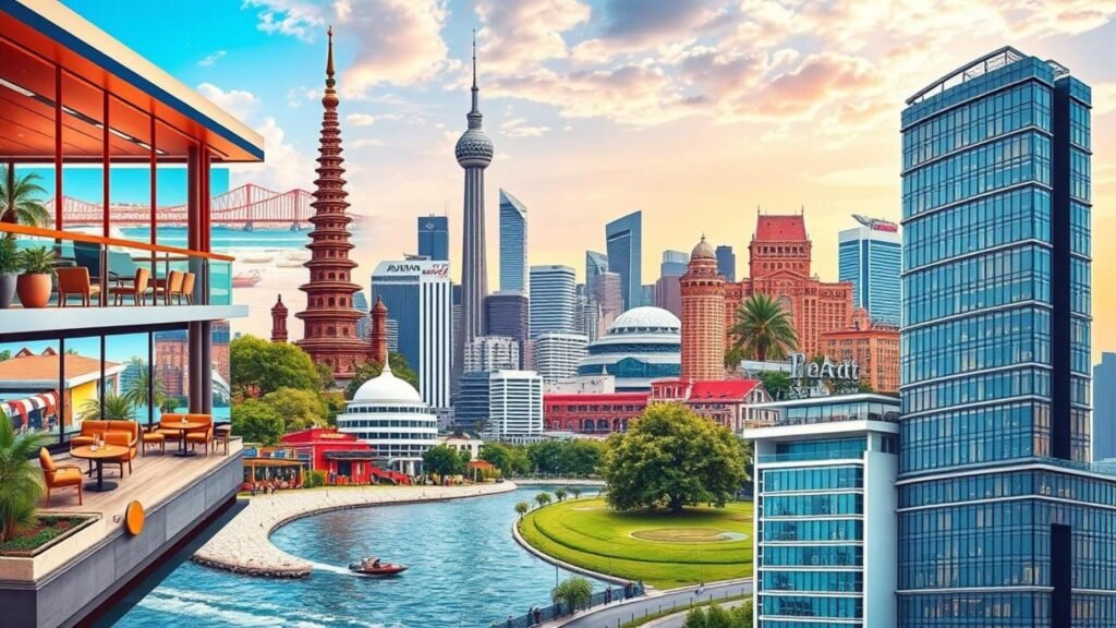 alt_text: A vibrant collage of five cities for digital nomads, showcasing iconic landmarks and lively scenes Digital Nomad Cities.