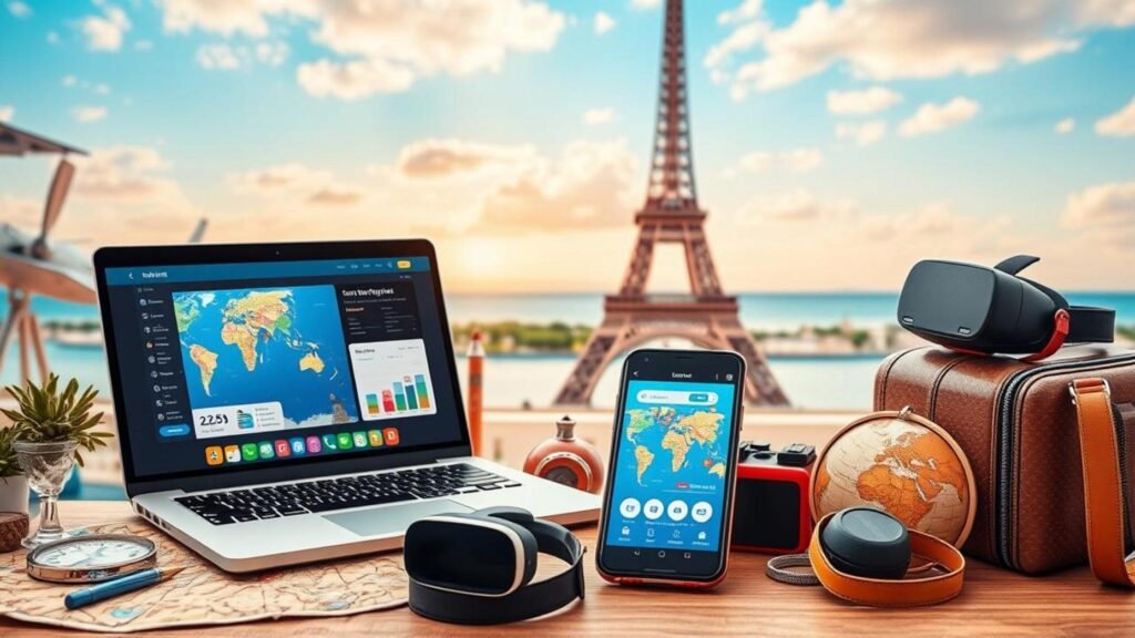 alt_text: A vibrant travel planning cover featuring tech tools, a world map, and iconic landmarks AI Travel Planner.