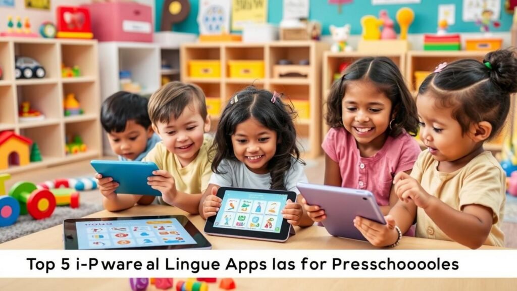 alt_text: Vibrant preschool scene with diverse kids joyfully using AI language apps in a colorful classroom.AI kids learning
