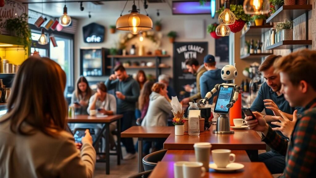 alt_text: A lively café scene with a barista and chatbot, patrons ordering via devices, warm ambiance. AI for small business