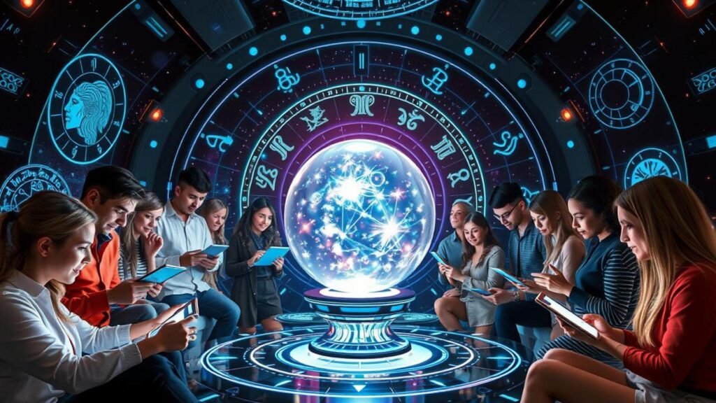 alt_text: Futuristic scene blending AI and astrology with a glowing crystal ball, diverse people, and digital charts. Tech Spirituality
